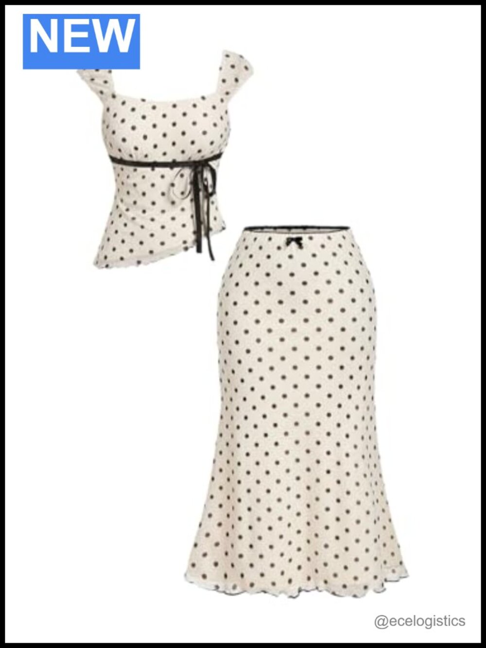 Plus Size Polka Dot 2 Piece Outfit Asymmetrical Cap Sleeve Top & Fishtail Skirt